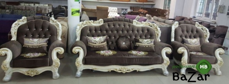 Комплект диван 3-х местный + два кресла Романо орех+золотая патина