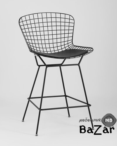 Стул полубарный с низкой спинкой Bertoia черный с черной подушкой