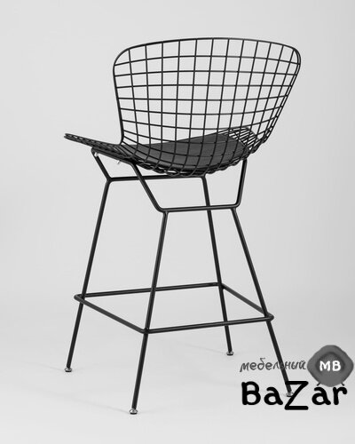 Стул полубарный с низкой спинкой Bertoia черный с черной подушкой