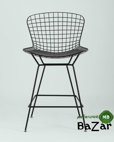 Стул полубарный с низкой спинкой Bertoia черный с черной подушкой